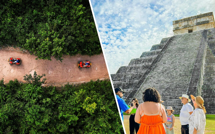 ATV tour through jungle path and guided group at Chichen Itza pyramid, Valladolid visit.