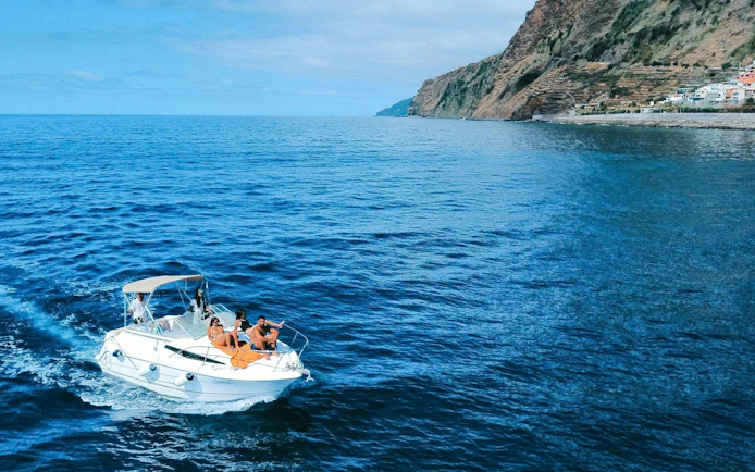 Tourists on a boat near Madeira coastline for dolphin and whale watching.