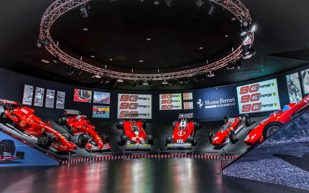 Ferrari models on display at Museo Ferrari Maranello exhibition.