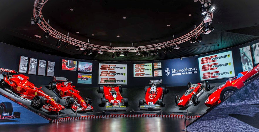 Ferrari models on display at Museo Ferrari Maranello exhibition.