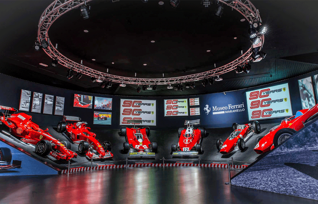 Ferrari models on display at Museo Ferrari Maranello exhibition.