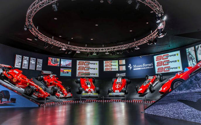 Ferrari models on display at Museo Ferrari Maranello exhibition.