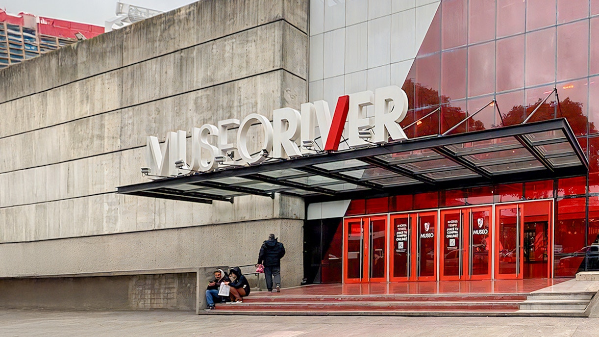 River Plate Museum entrance with red doors and large sign in Buenos Aires.