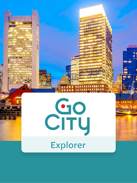 Boston skyline at dusk with Go City Explorer Pass logo.