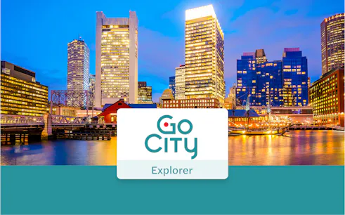 Boston skyline at dusk with Go City Explorer Pass logo.