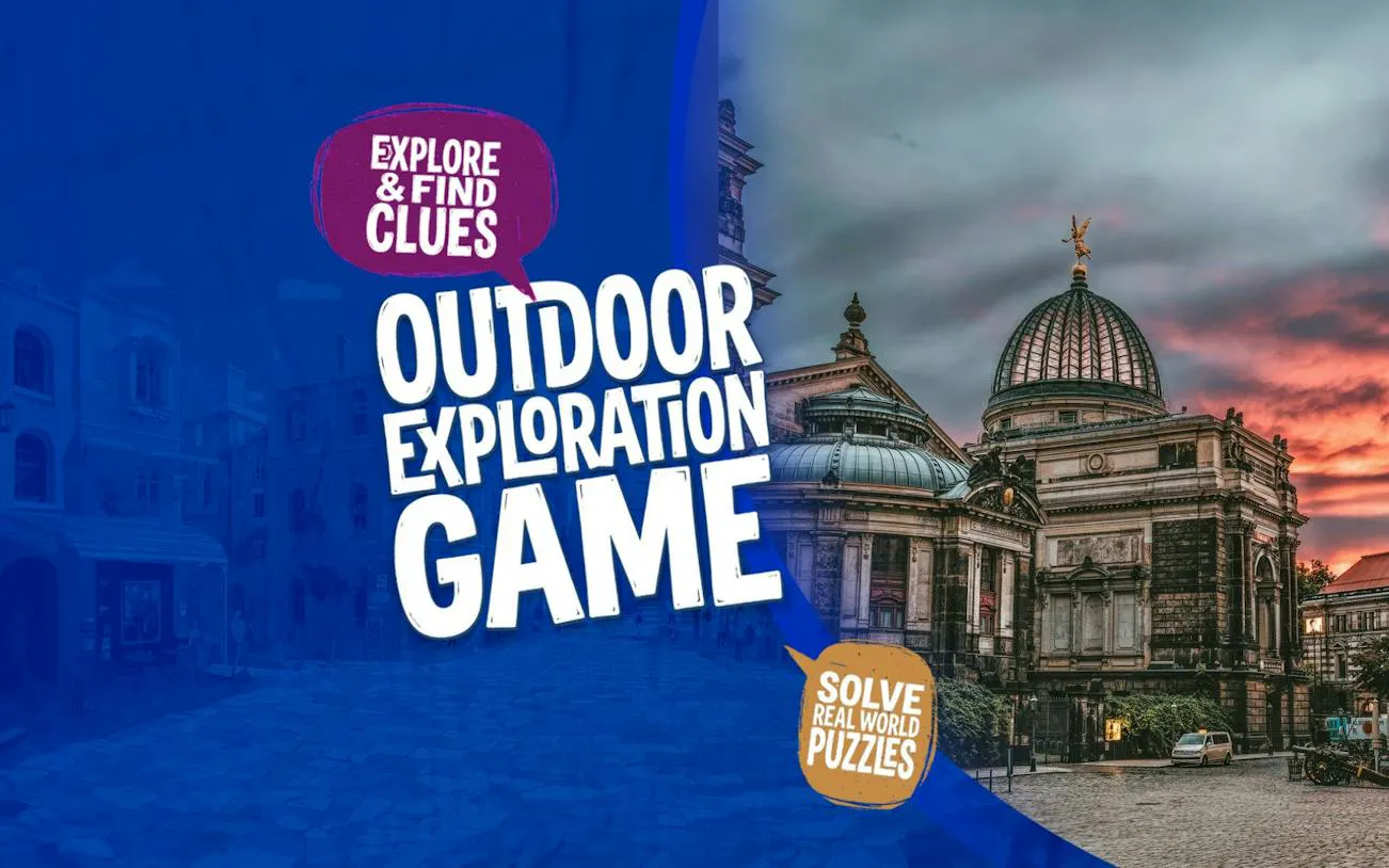 Dresden cityscape with historic architecture, promoting self-guided exploration game.
