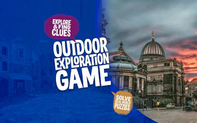 Dresden cityscape with historic architecture, promoting self-guided exploration game.