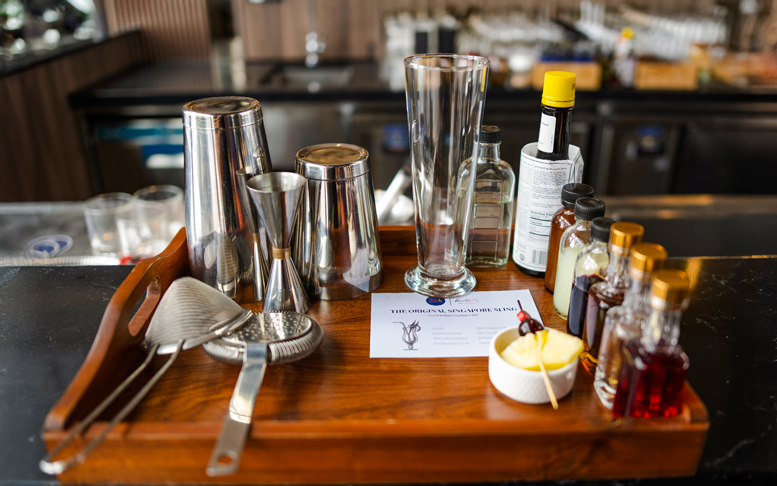 Cocktail tools and ingredients for a workshop at Mirabilis bar, Singapore cable car.