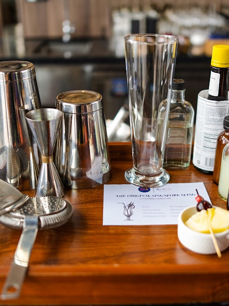 Cocktail tools and ingredients for a workshop at Mirabilis bar, Singapore cable car.