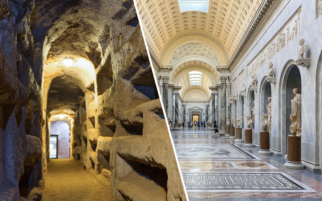 Catacombs of St. Callixtus corridor and Vatican Museums gallery with sculptures.