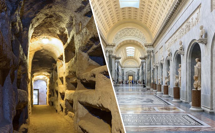 Catacombs of St. Callixtus corridor and Vatican Museums gallery with sculptures.