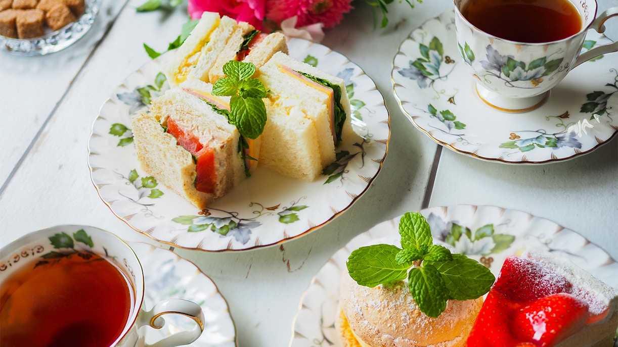 Afternoon tea with sandwiches and pastries at the British Museum.
