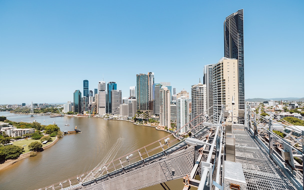 Brisbane city skyline and river viewed from Story Bridge Adventure Climb walkway.