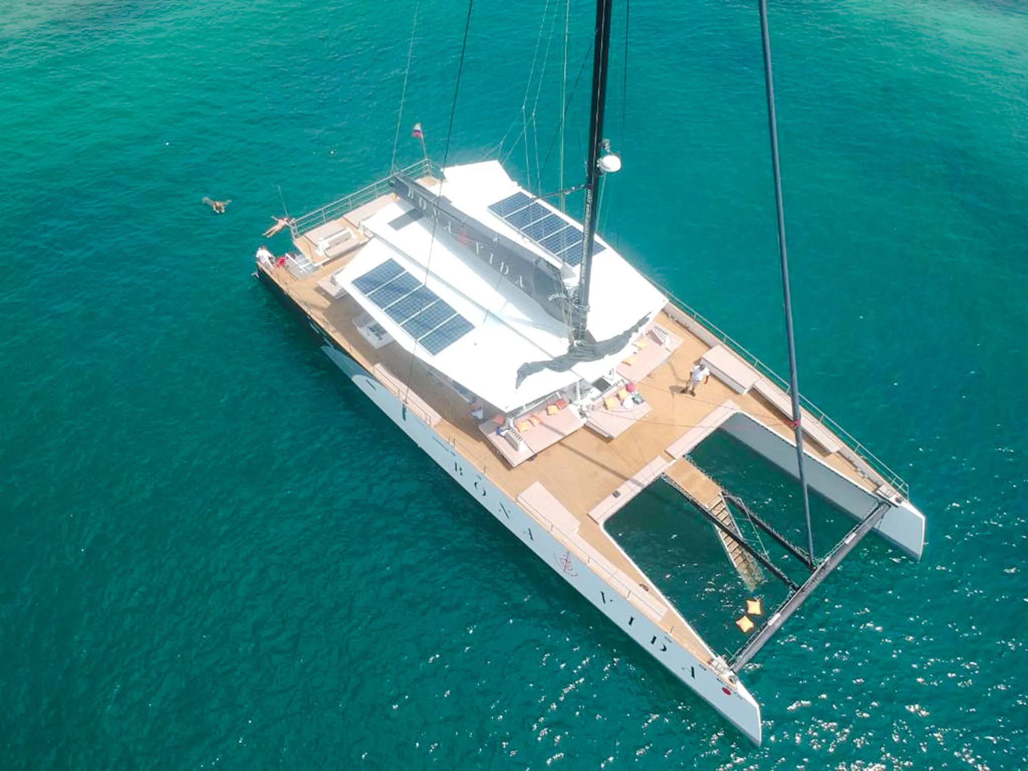 Catamaran on turquoise waters during sunset open bar tour in Cartagena.