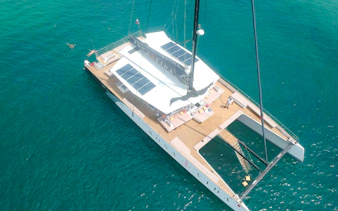 Catamaran on turquoise waters during sunset open bar tour in Cartagena.