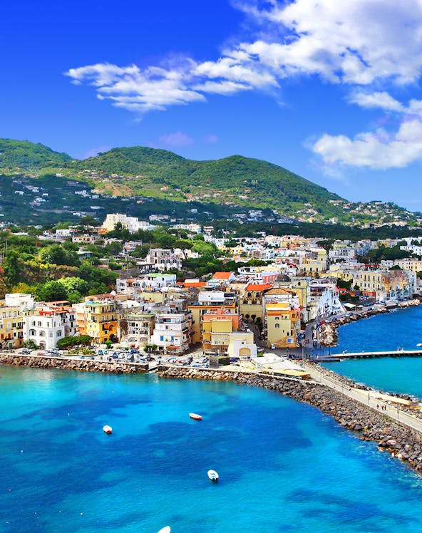 Coastal view of Ischia, Italy with colorful buildings and boats, part of Artecard Campania tour.