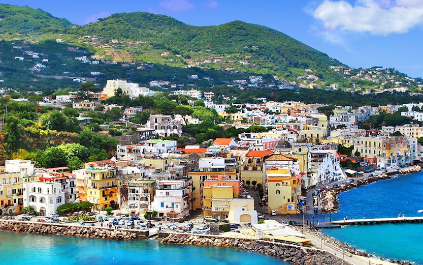 Coastal view of Ischia, Italy with colorful buildings and boats, part of Artecard Campania tour.