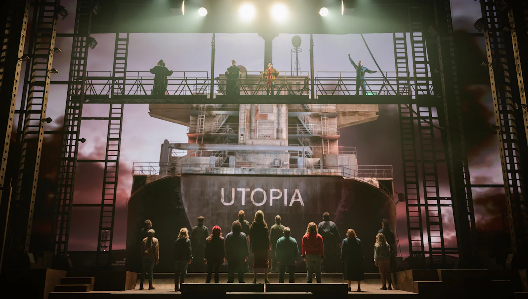 Stage performance of "The Last Ship" in Brisbane with actors on a ship set.