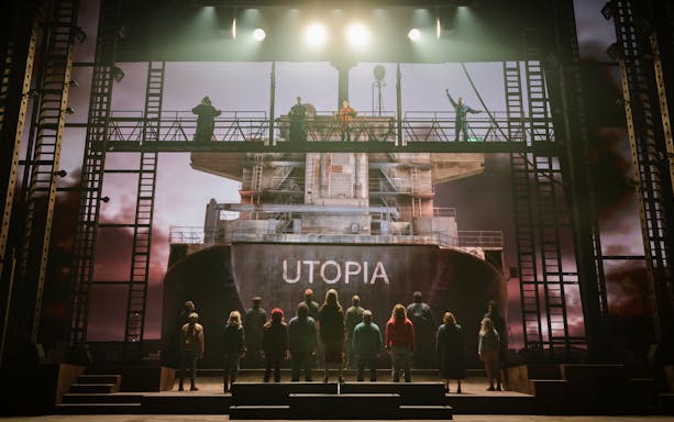 Stage performance of "The Last Ship" in Brisbane with actors on a ship set.