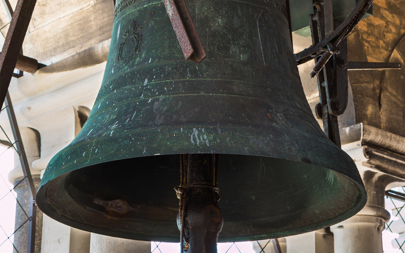 Bells of Mark’s Bell Tower in Venice, Italy, with intricate architectural details.
