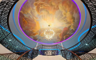 Ceiling mural and chandelier on Noah Cruise, Bangkok.