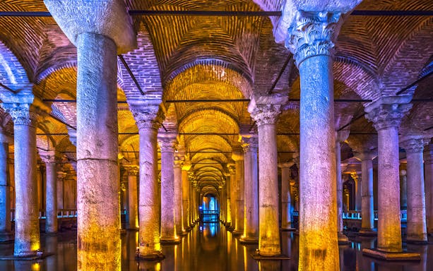 Basilica Cistern interior with illuminated columns, Istanbul, part of Blue Mosque & Basilica Cistern tour.