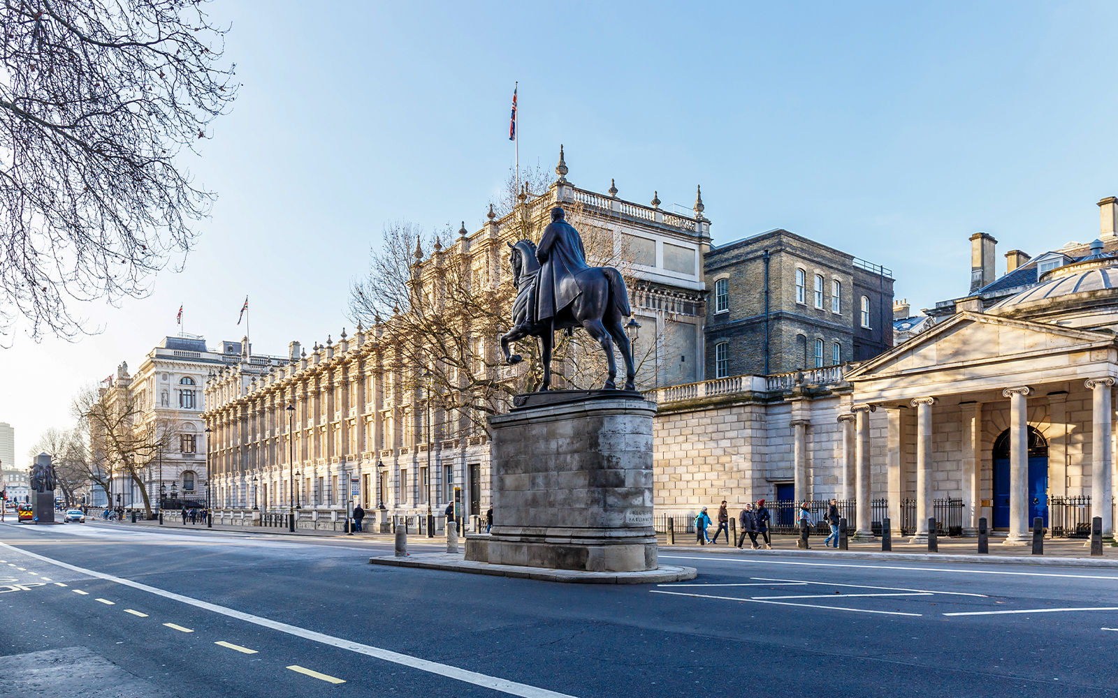 Equestrian statue near No 10 Downing Street, London, with historic buildings in the background.