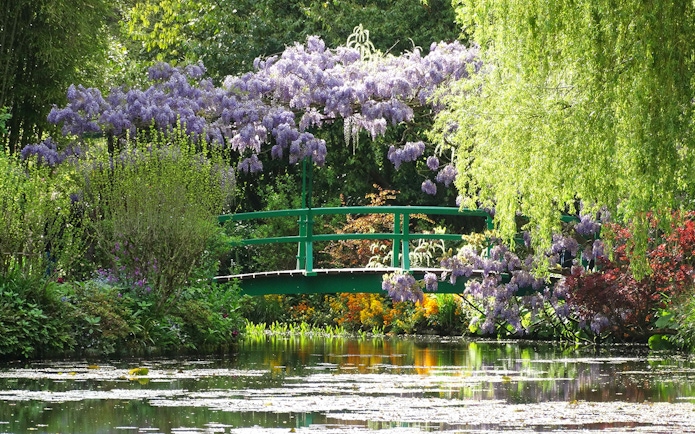 Giverny garden with green bridge and wisteria, part of Monet's House tour from Paris.