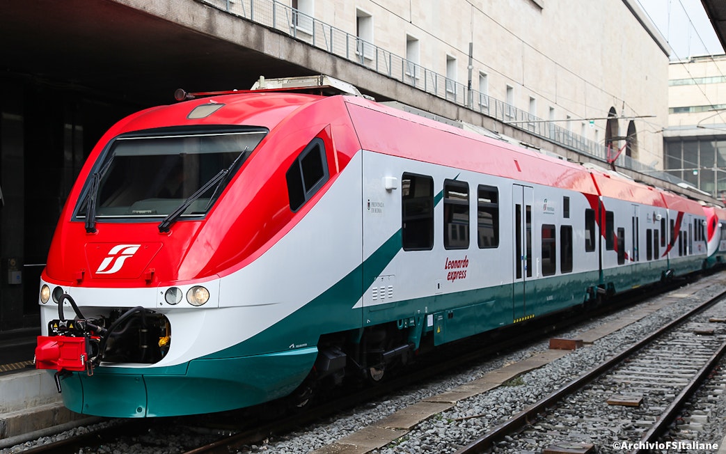 Leonardo Express train at Fiumicino Airport station for Rome Termini route.