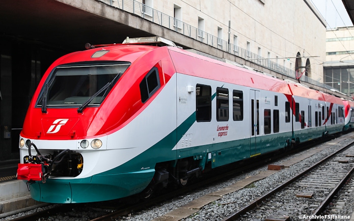 Leonardo Express train at Fiumicino Airport station for Rome Termini route.