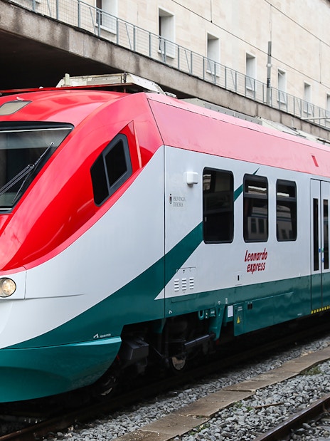 Leonardo Express train at Fiumicino Airport station for Rome Termini route.