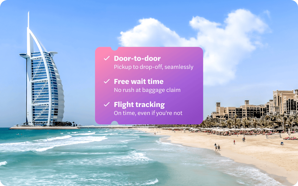 Private transfers from Dubai Airport with Burj Al Arab and Jumeirah Beach in view.