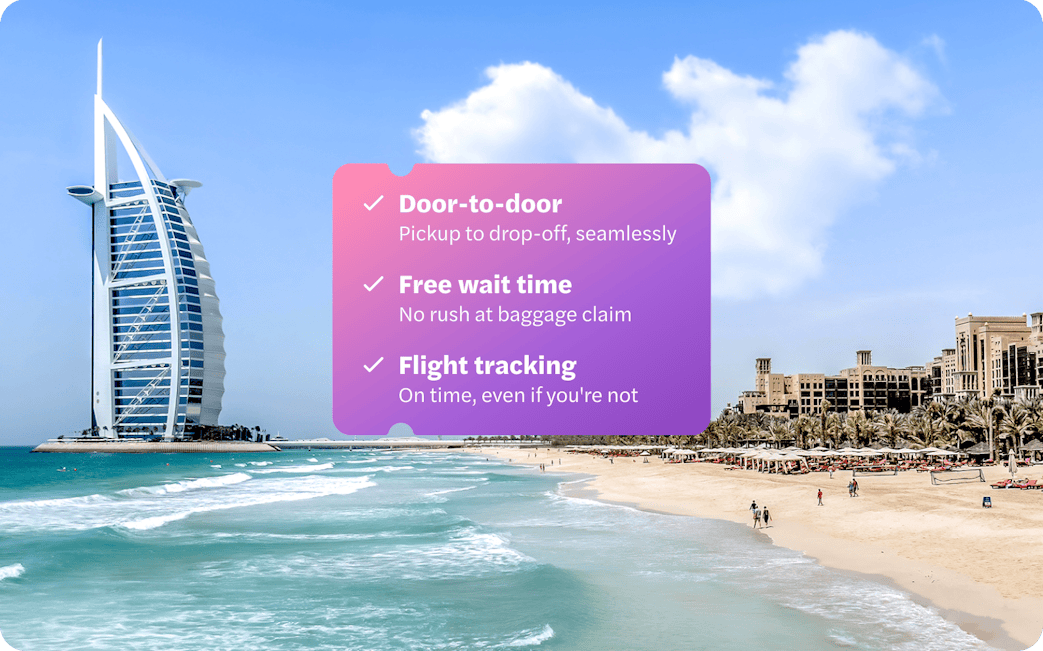 Private transfers from Dubai Airport with Burj Al Arab and Jumeirah Beach in view.