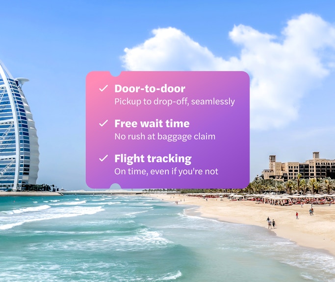 Private transfers from Dubai Airport with Burj Al Arab and Jumeirah Beach in view.