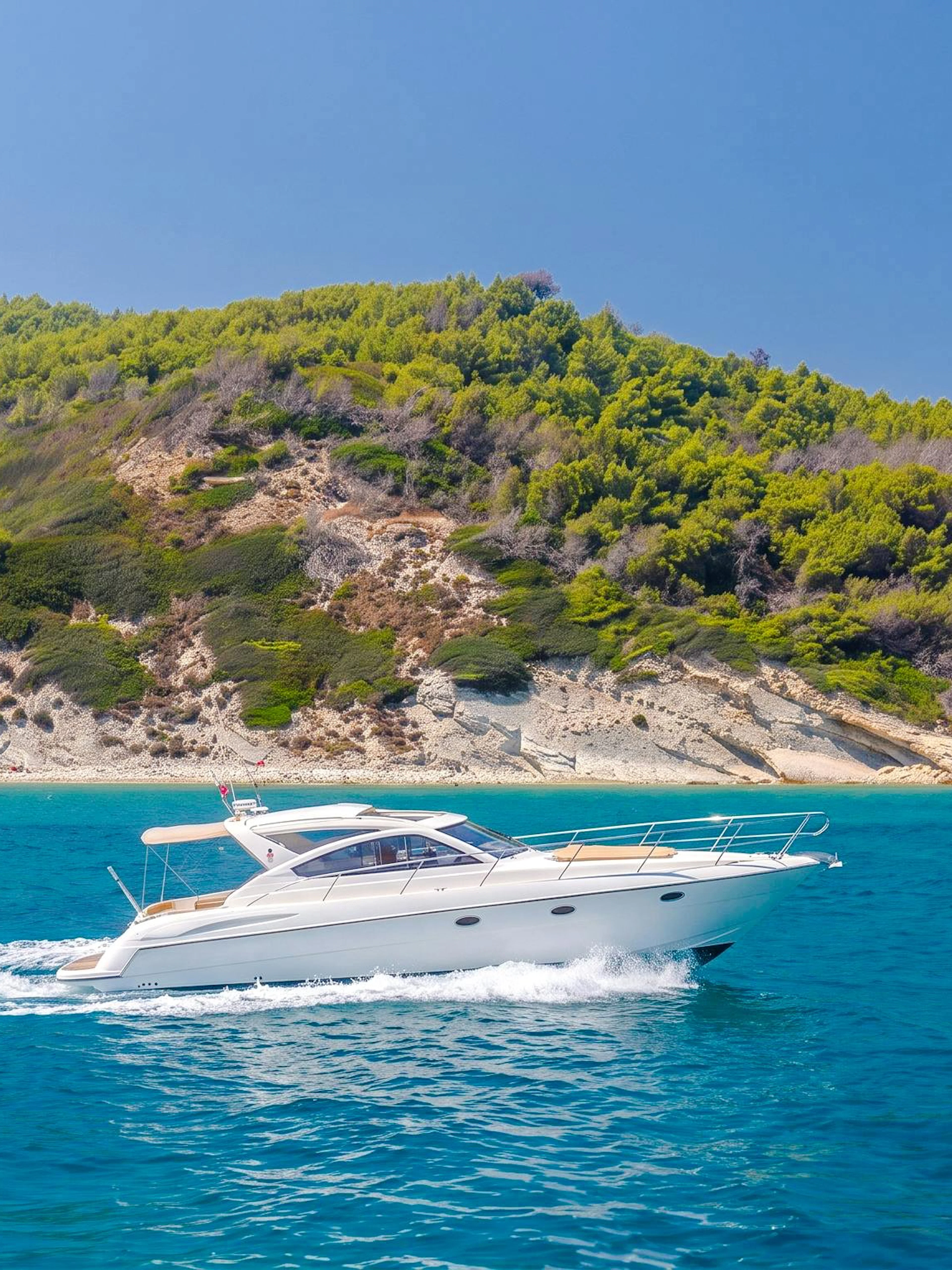 Speedboat cruising near Sazan Islands, Albania with lush green hills in the background.