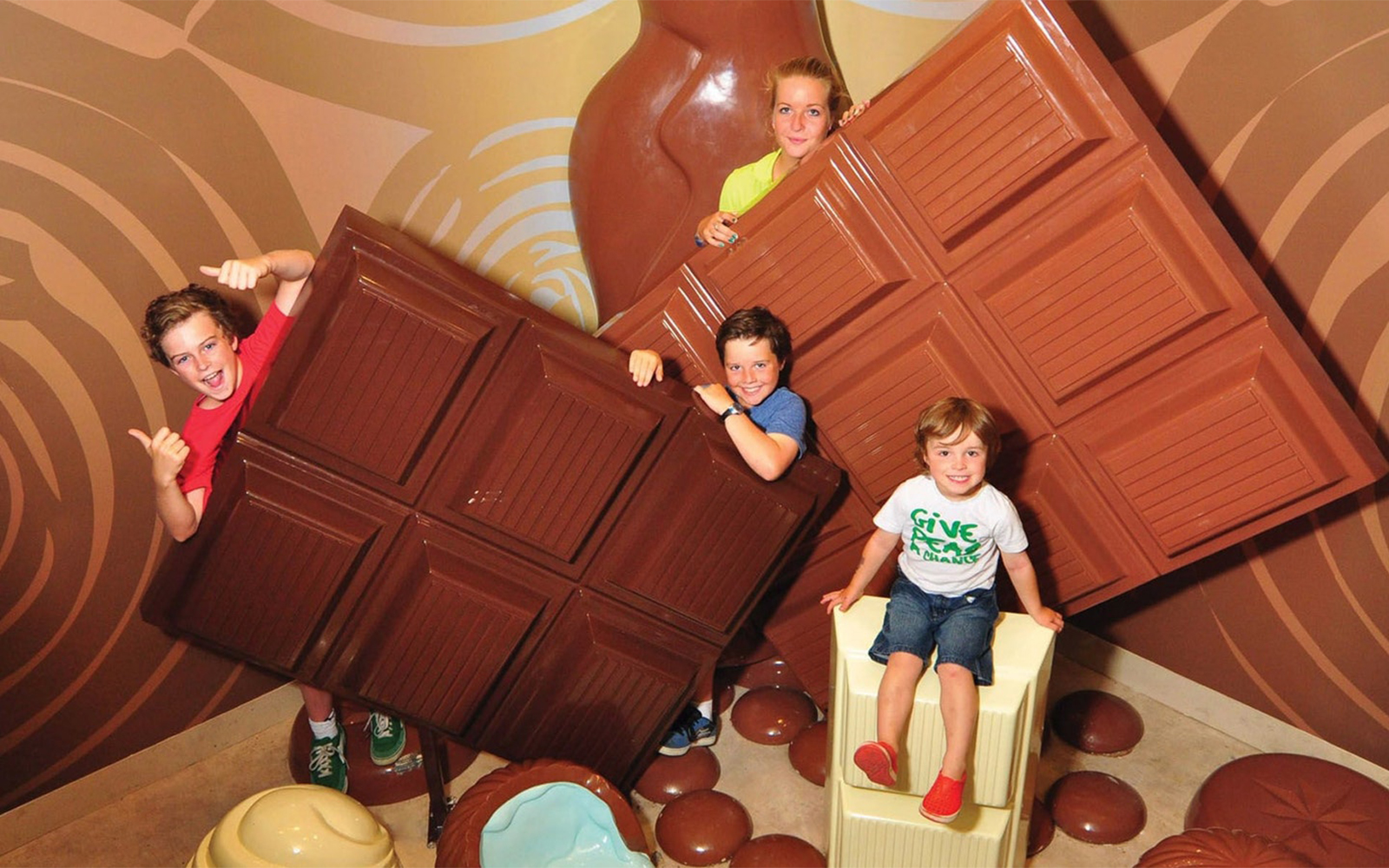 Chocolate sculptures at Phillip Island Chocolate Factory, featuring intricate artwork and designs.