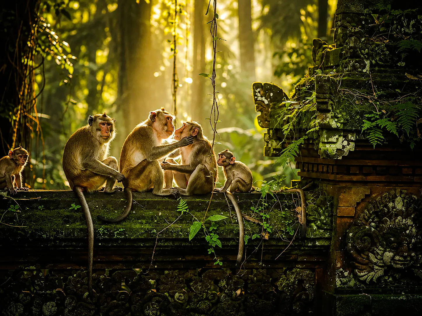 Monkeys interacting on a moss-covered temple structure in Ubud, Bali forest.