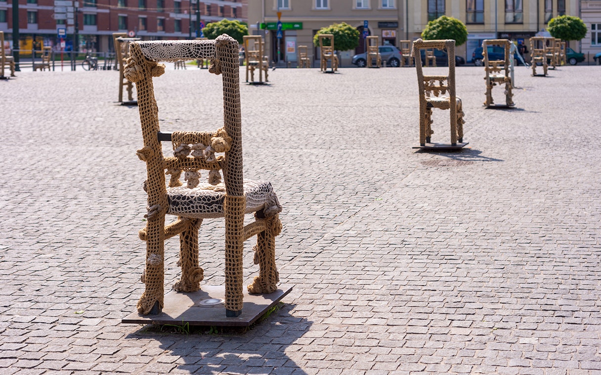 Chairs in Ghetto Heroes Square, Krakow, part of Jewish Quarter Kazimierz & Schindler's Factory tour.