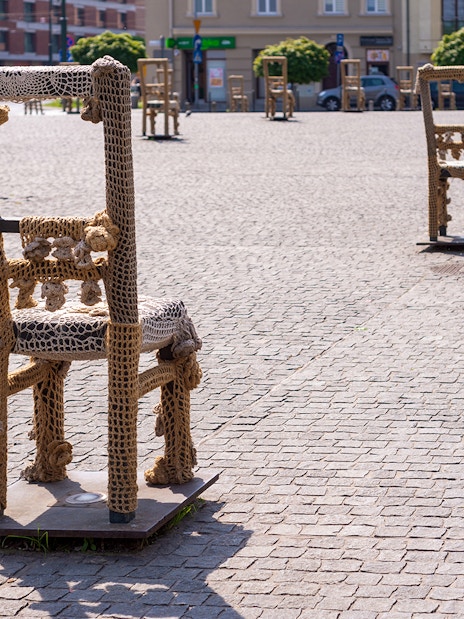 Chairs in Ghetto Heroes Square, Krakow, part of Jewish Quarter Kazimierz & Schindler's Factory tour.