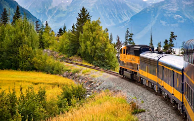 Alaska Railroad train traveling through scenic mountain landscape.