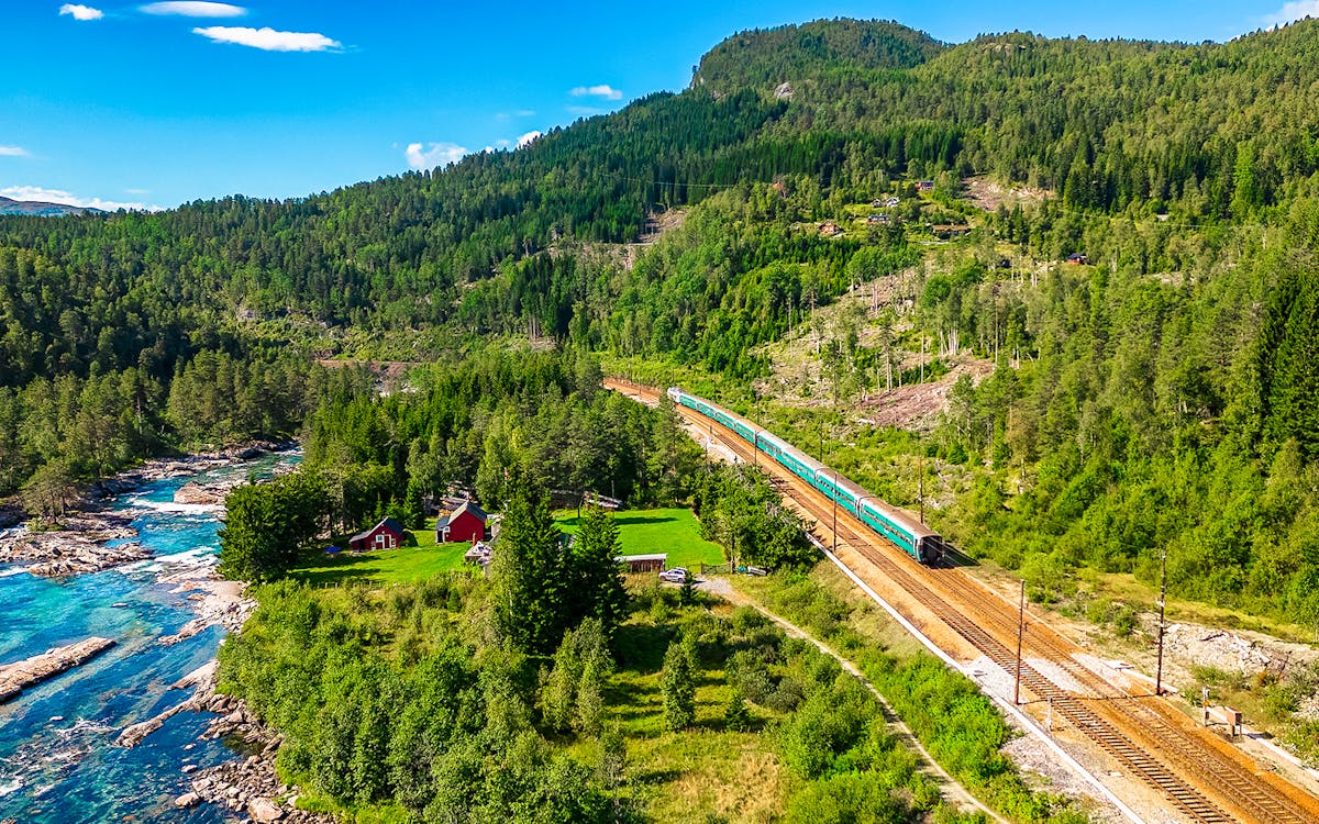 Oslo to Bergen train near Mjolfjell in mountains. Norway