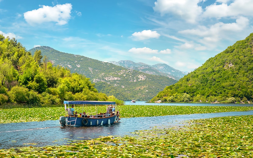 Boat navigating through lilies on Lake Skadar, surrounded by lush green hills.