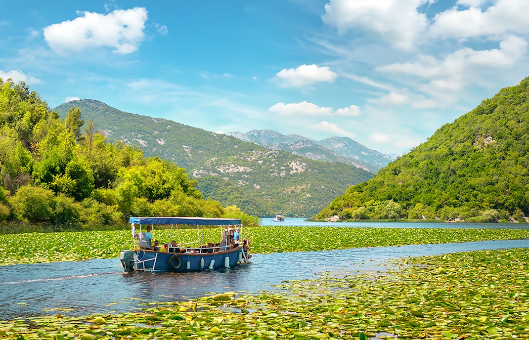 Boat navigating through lilies on Lake Skadar, surrounded by lush green hills.