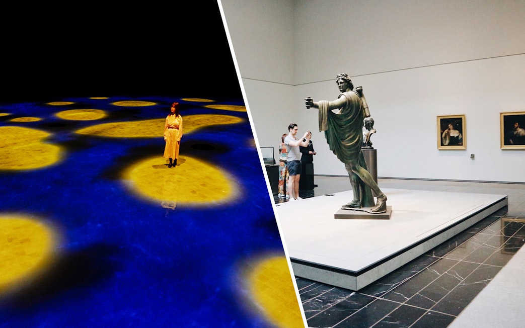 teamLab Phenomena light display and Louvre Abu Dhabi sculpture exhibit.