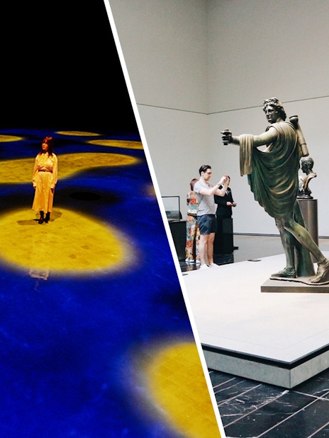 teamLab Phenomena light display and Louvre Abu Dhabi sculpture exhibit.