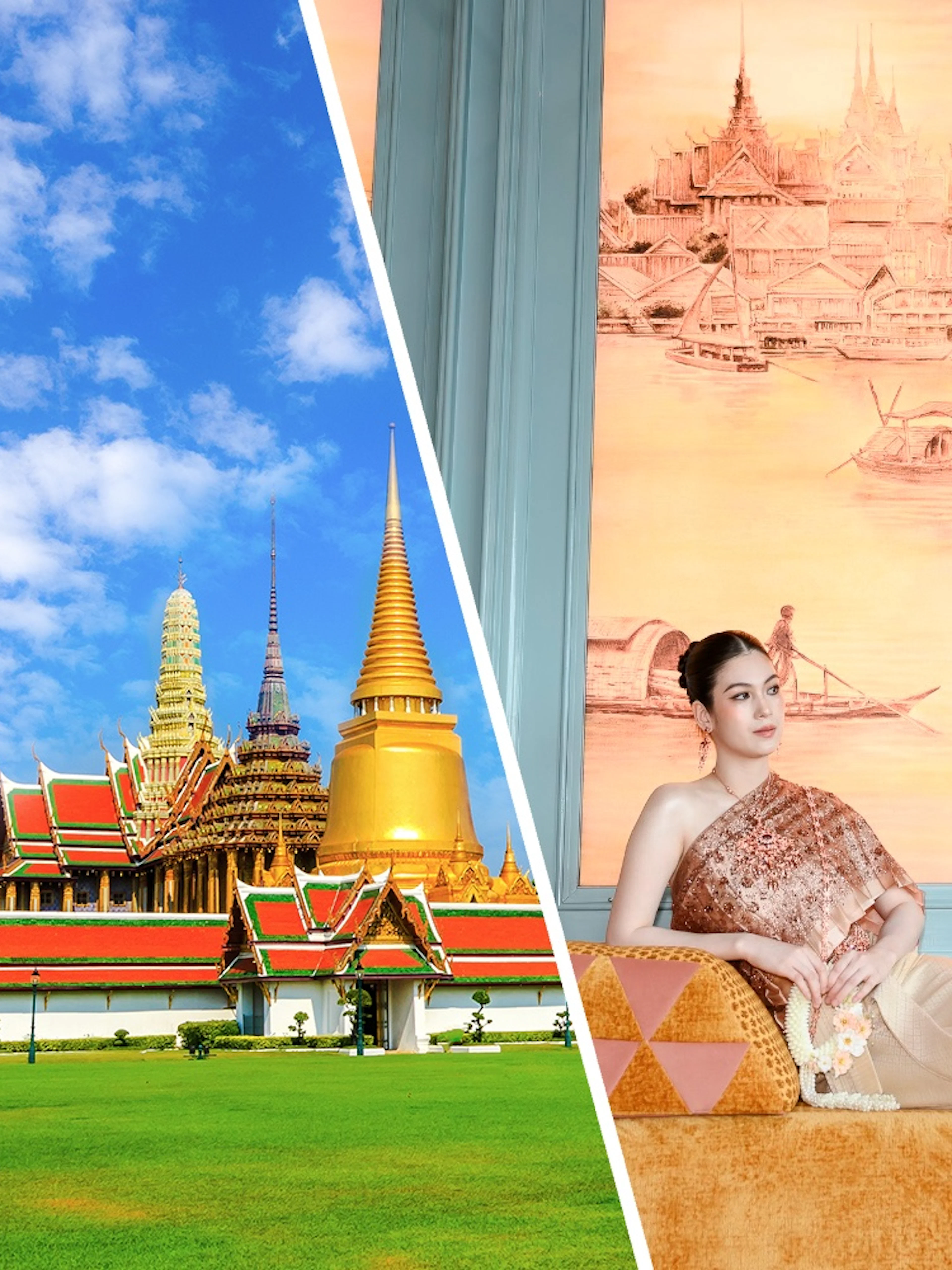 Wat Phra Kaew and Grand Palace in Bangkok under blue sky, with traditional Thai attire.