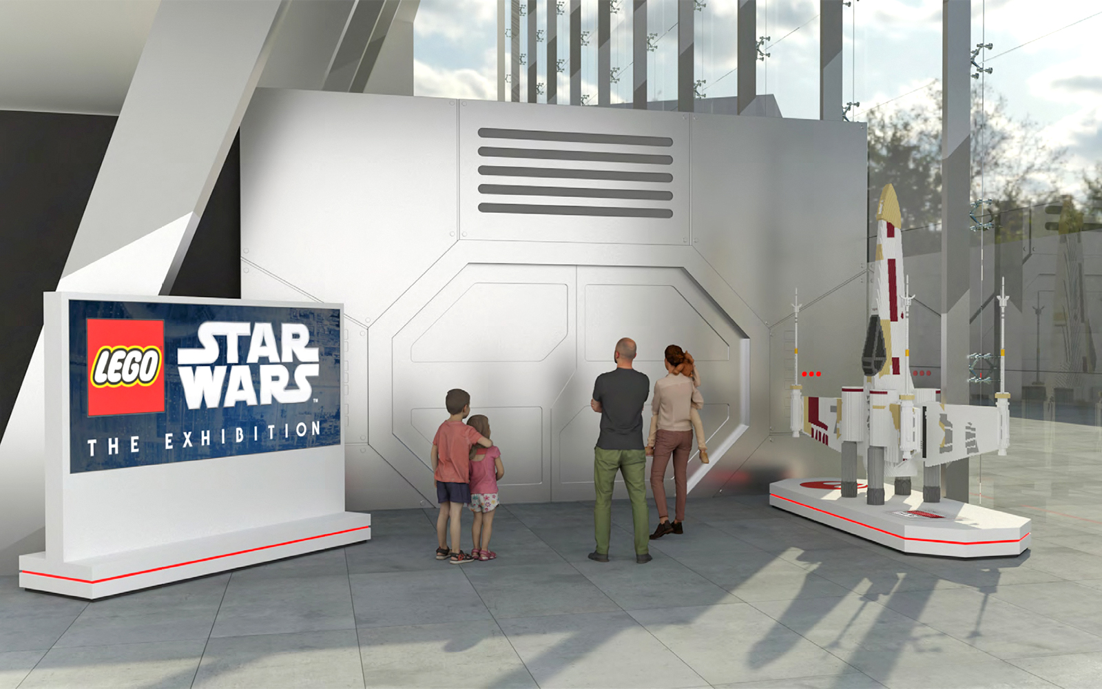 Family viewing LEGO Star Wars exhibition entrance with spaceship model.