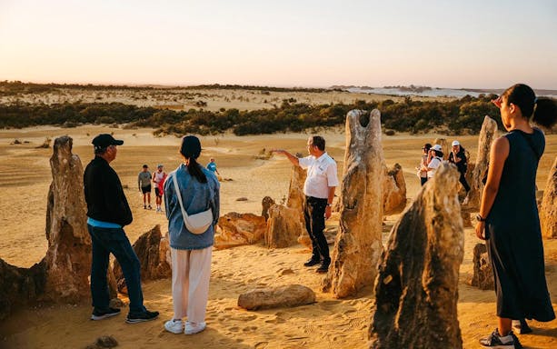 Group exploring Pinnacles Desert at sunset during stargazing and wildlife tour.