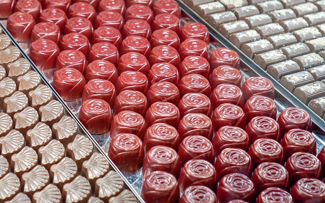 Assorted chocolates displayed on trays during Yarra Valley and Dandenong Ranges tour.