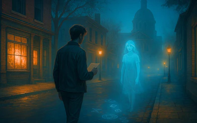 Man holding paper encounters ghostly figure on misty Austin street.